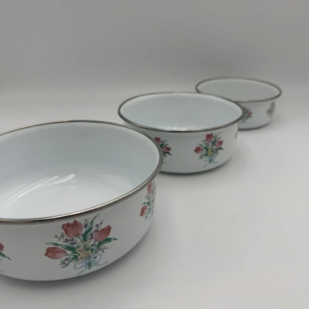 Vtg Metal Enamel Ware Nesting Mixing Bowls Set 3 Pink Floral MCM Cottage Shabby